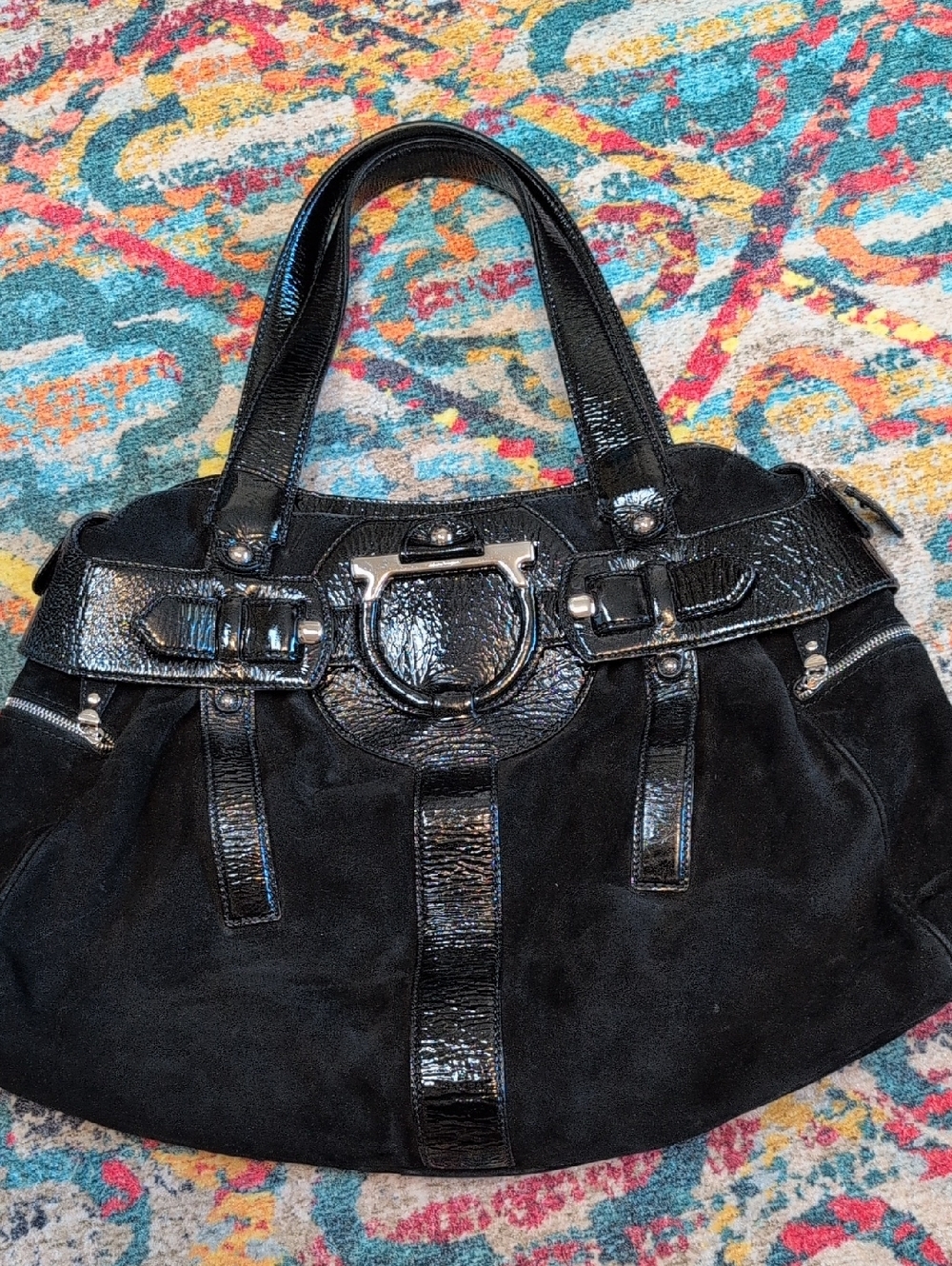 Salvatore Ferragamo Vintage Black Patent Leather And Suede Shoulder Bag